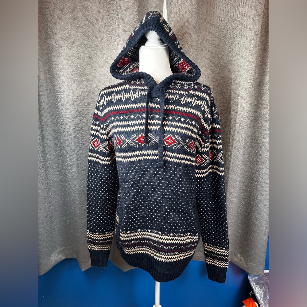 American Eagle Pullover Hooded Sweater Mens Med Blue Fair Isle Pockets Vtg